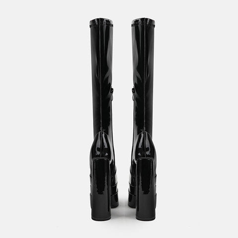 Botas altas hasta la rodilla con plataforma gruesa y punta cuadrada de charol - Negro azabache