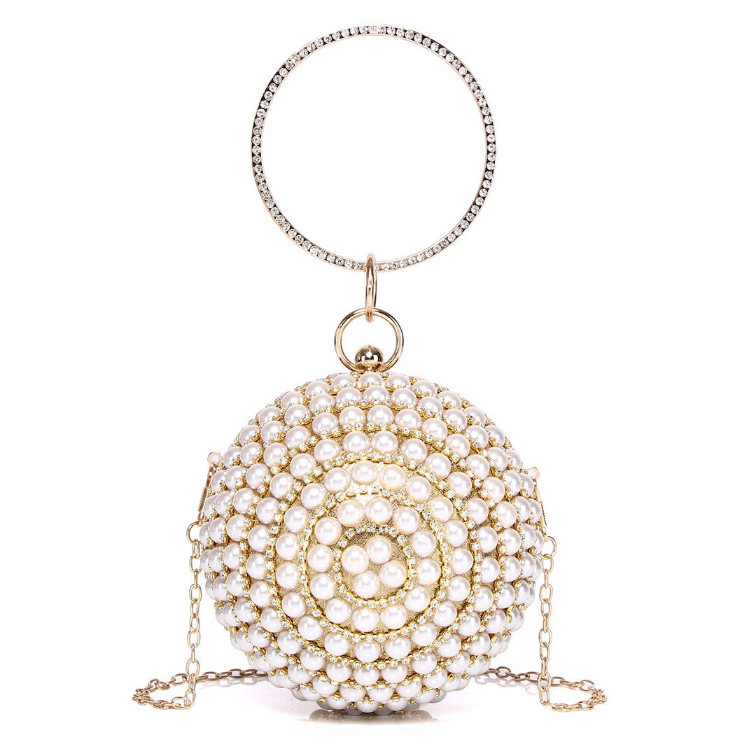 Bolso de fiesta con asa de bola de discoteca y perla perlada, adornado con diamantes de imitación - Dorado