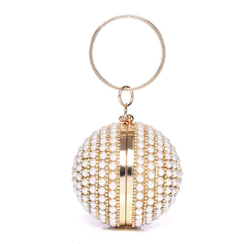 Bolso de fiesta con asa de bola de discoteca y perla perlada, adornado con diamantes de imitación - Dorado