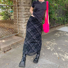 Plaid Printed High Waist Mesh Panel Bodycon Midi Skirt - Black