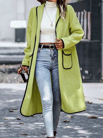 Fleece Solid Pockets Lapel Coat