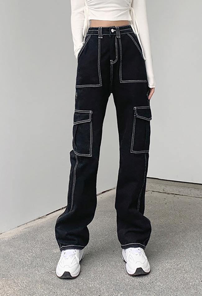 Pocket Stitched High Waist Cargo Jeans