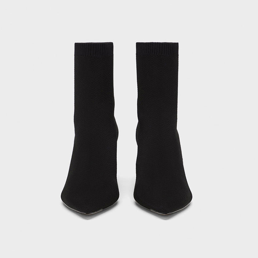 Pointed Toe Chunky Heel Mid Calf Sock Boots - Black