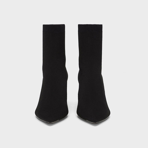 Pointed Toe Chunky Heel Mid Calf Sock Boots - Black