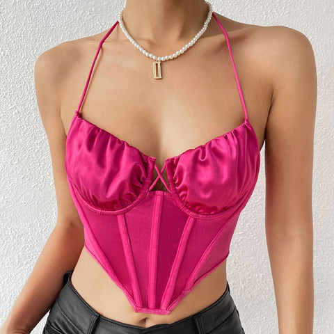 Top corto tipo corsé de satén con malla transparente y escote en forma de corazón - Rosa