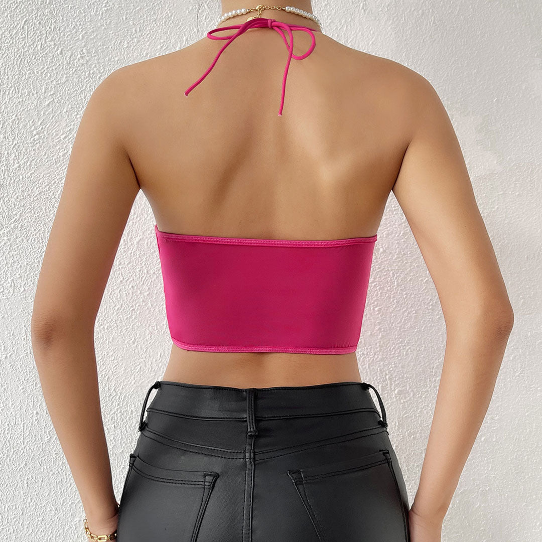 Top corto tipo corsé de satén con malla transparente y escote en forma de corazón - Rosa