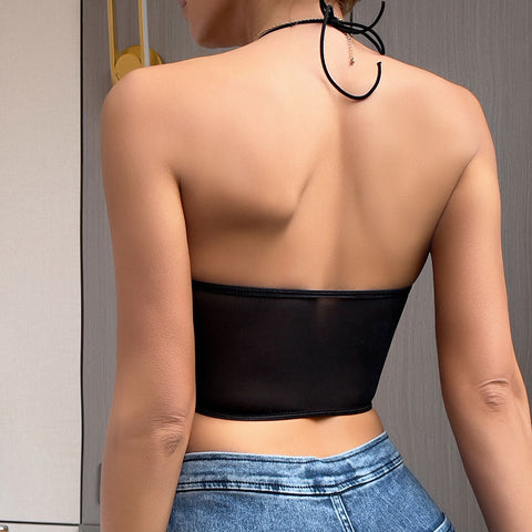 Sweetheart Transparent Mesh Satin Crop Korsett Top - Schwarz