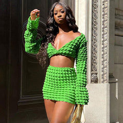 Popcorn Ruched Twist Crop Top Bodycon Mini Skirt Matching Set - Green