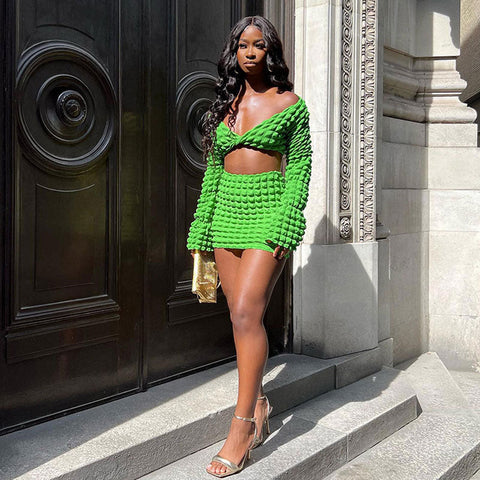 Popcorn Ruched Twist Crop Top Bodycon Mini Skirt Matching Set - Green