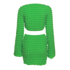 Popcorn Ruched Twist Crop Top Bodycon Mini Skirt Matching Set - Green