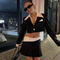 Preppy Contrast Crop Blazer Pleated Mini Skirt Matching Set - Black
