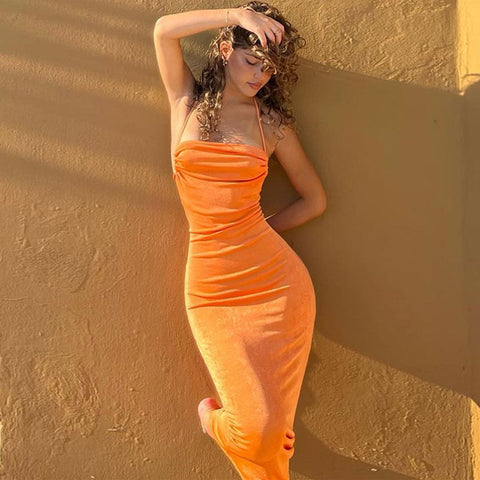 Precioso vestido largo drapeado con tirantes y cuello vuelto - Naranja brillante