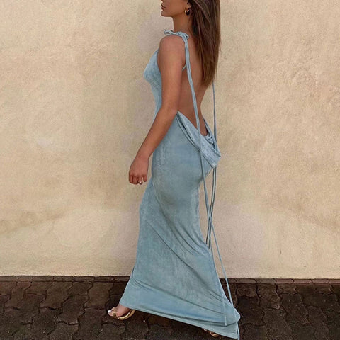 Pretty Cowl Neck Strappy Draped Maxi Dress - Denim Blue