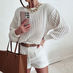 Pretty Crochet Knit Bishop Sleeve Crew Neck Sweater - White
