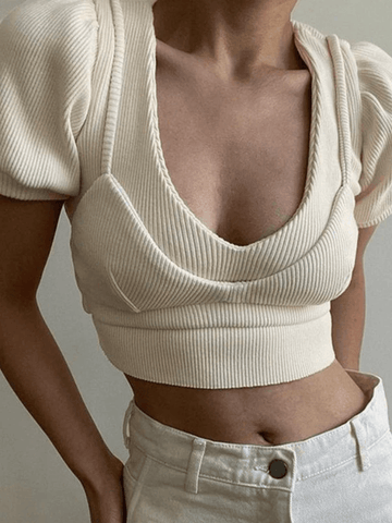 Geripptes Crop-Top mit Puffärmeln und Patchwork