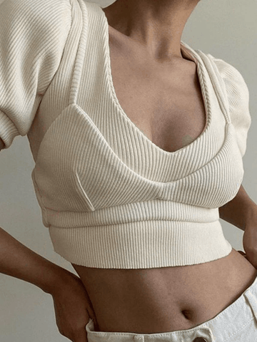 Geripptes Crop-Top mit Puffärmeln und Patchwork