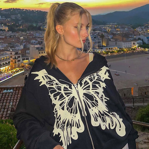 Sudadera con capucha de manga larga con estampado de mariposas - Negra