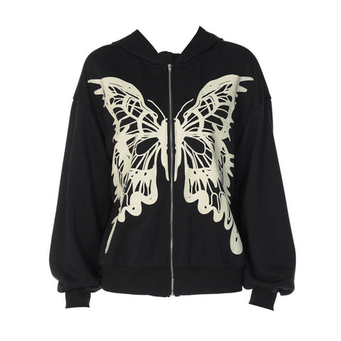 Sudadera con capucha de manga larga con estampado de mariposas - Negra