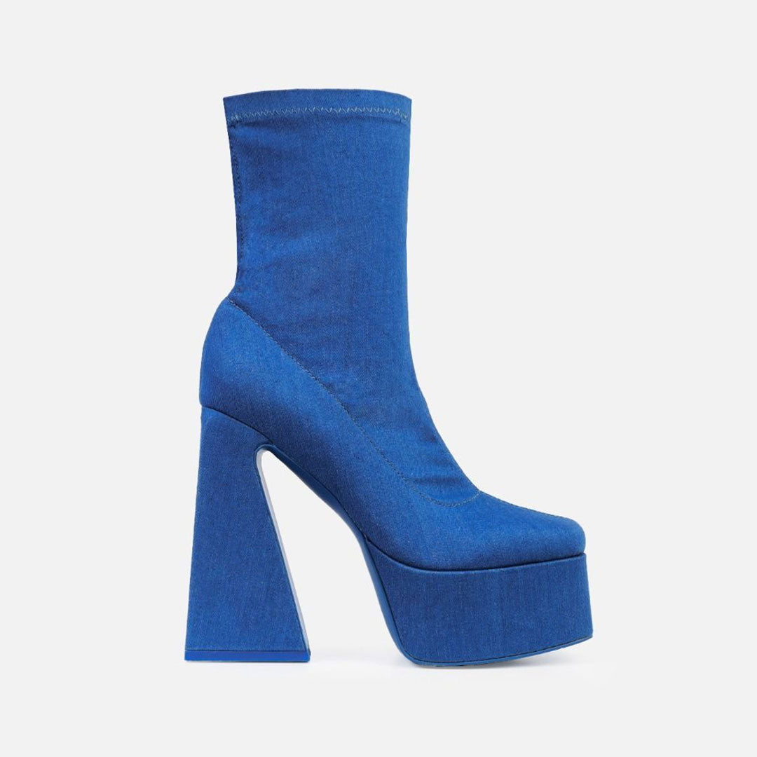 Punky Block High Heel Square Toe Platform Mid Calf Boots - Denim Blue ...