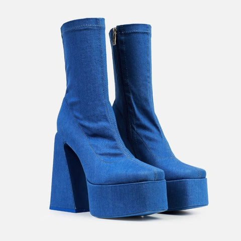 Punky Block High Heel Square Toe Plateau Stiefel mit halbhohem Absatz - Jeansblau