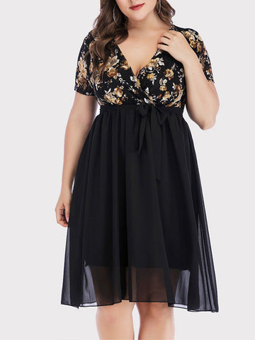 Vintage Floral Lace V Neck Chiffon Dress