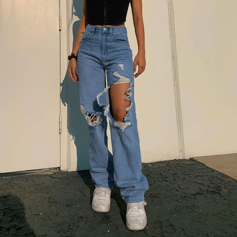 90er Distressed Cutout High Waist Wide Leg Jeans - Blau