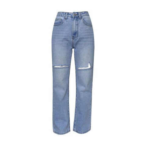 Ausgeschnittene Jeans mit hoher Taille und ausgefranstem geradem Bein - Hellblau