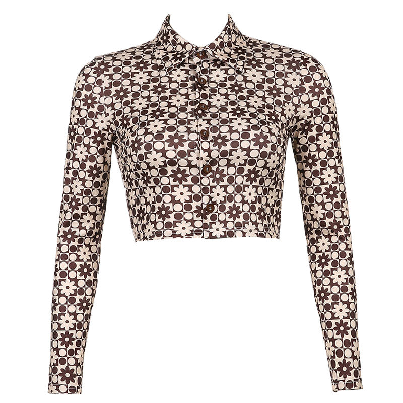 Floral Printed Long Sleeve Crop Shirt - Coffee