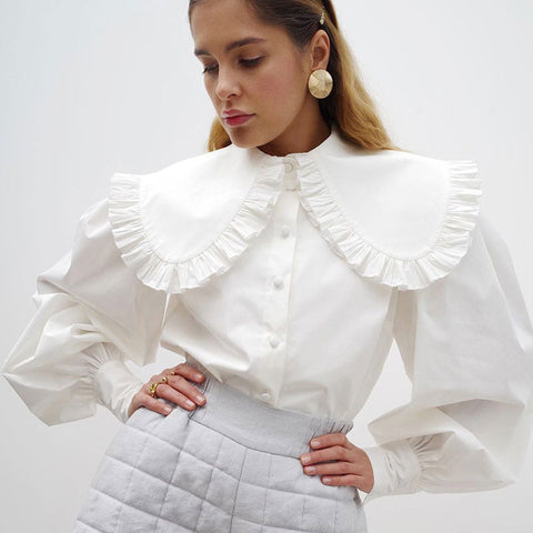 Ruched Ruffle Peter Pan Collar Bishop Sleeve Blouse - White