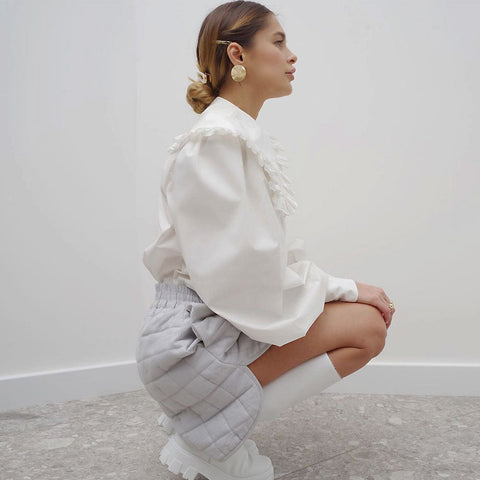 Ruched Ruffle Peter Pan Collar Bishop Sleeve Blouse - White