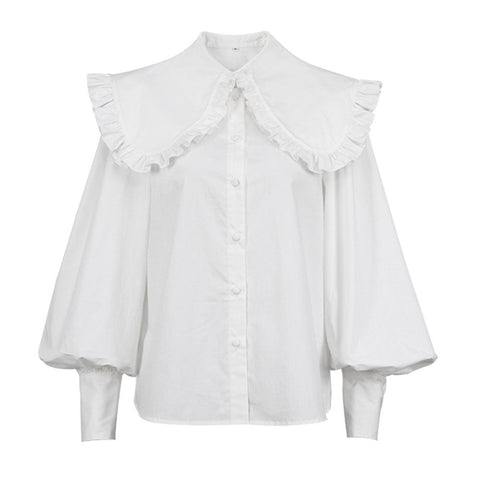 Ruched Ruffle Peter Pan Collar Bishop Sleeve Blouse - White
