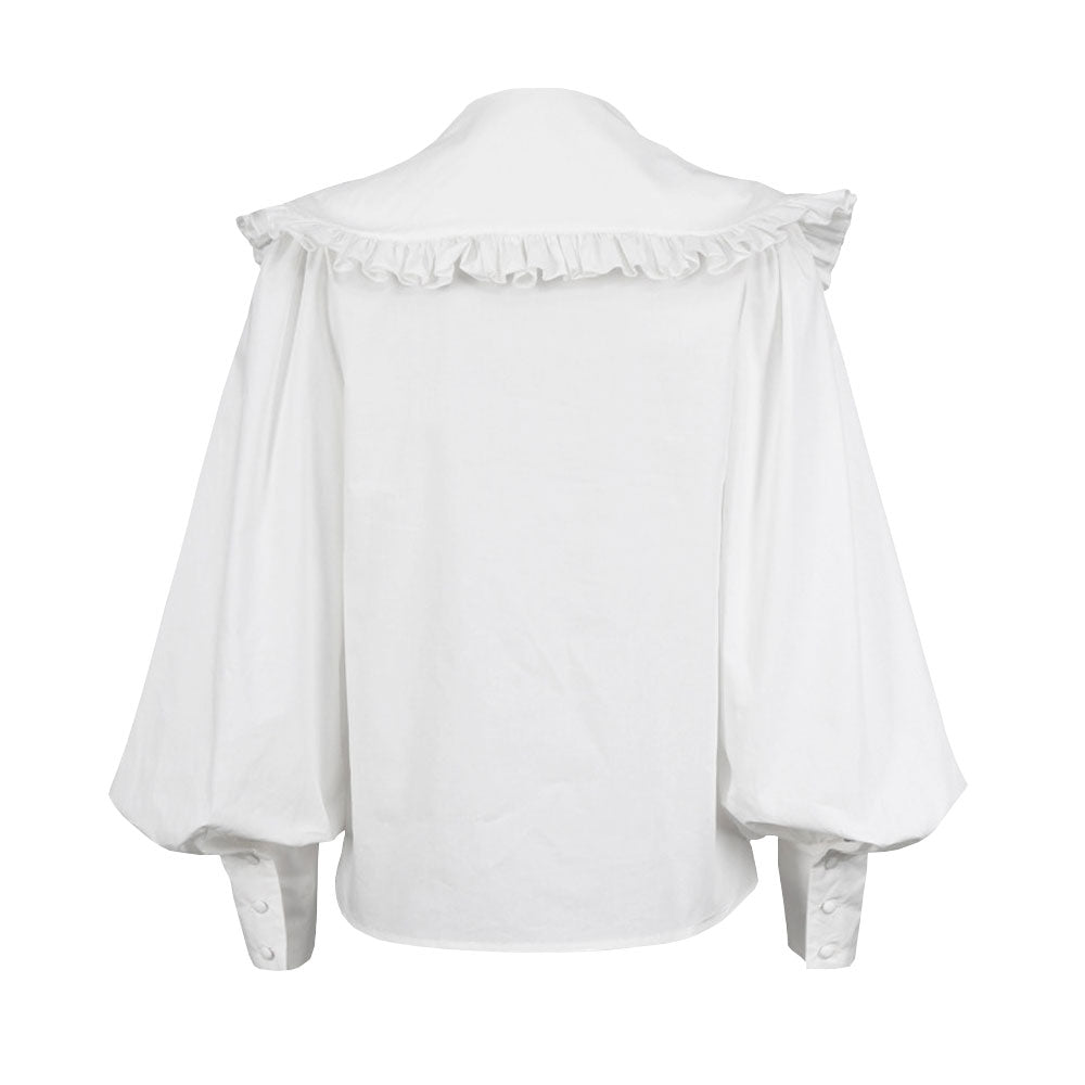 Ruched Ruffle Peter Pan Collar Bishop Sleeve Blouse - White