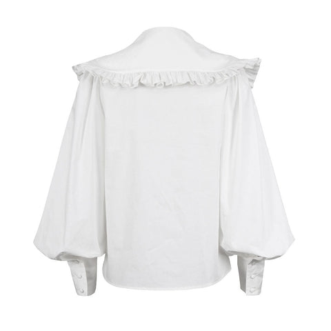 Ruched Ruffle Peter Pan Collar Bishop Sleeve Blouse - White