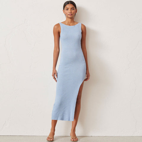 Ribbed Sleeveless Cut Out High Slit Midi Dress - Blue