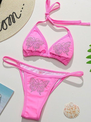 Conjunto de bikini con mariposas y diamantes de imitación