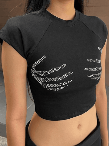 Schwarzes Crop Top mit Strass-Totenkopf