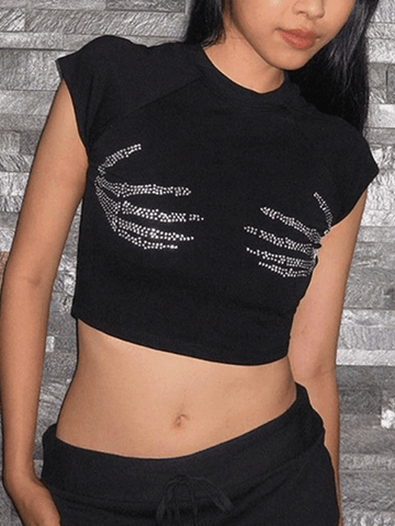 Schwarzes Crop Top mit Strass-Totenkopf