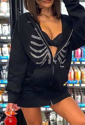 Rhinestone Skull Zipper Hoodie