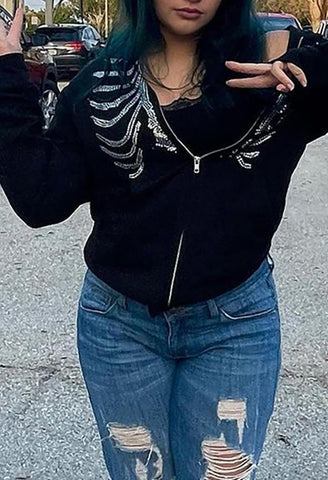 Rhinestone Skull Zipper Hoodie