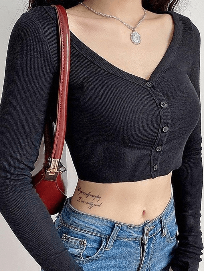 Ribbed Long Sleeve Button Crop Top