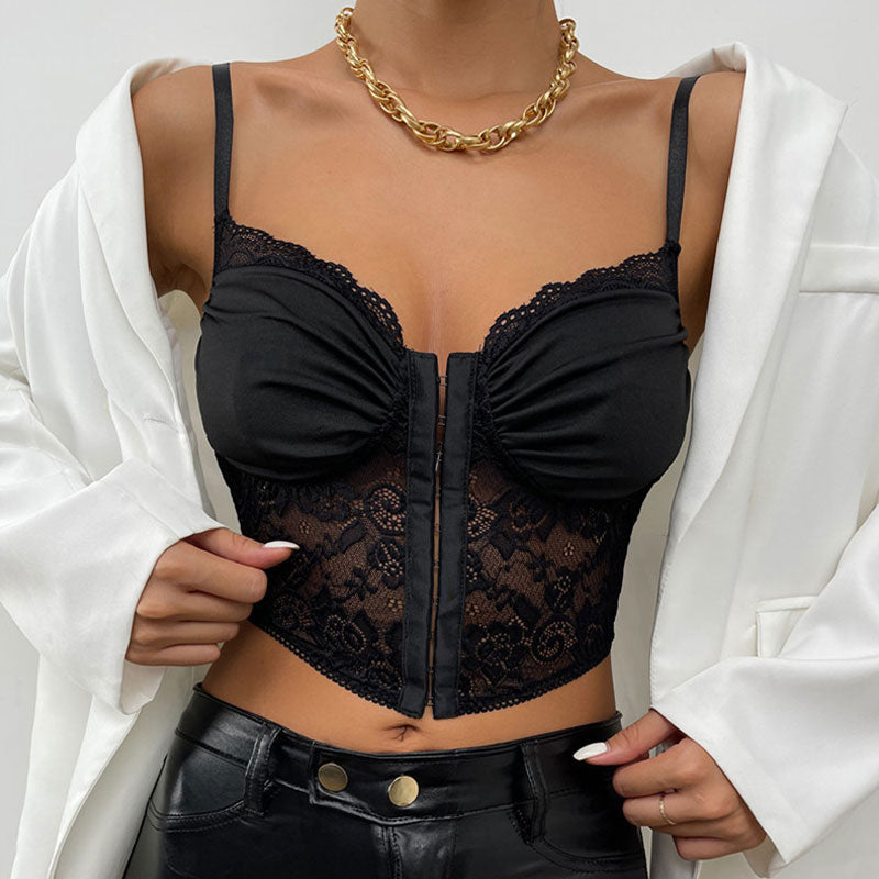 Romantisches Bustier-Top mit Haken- und Ösen-Ausschnitt und transparenter Spitze mit Blumenmuster - Schwarz