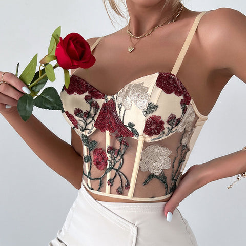 Top de corsé corto de malla transparente con bordado floral romántico - Albaricoque