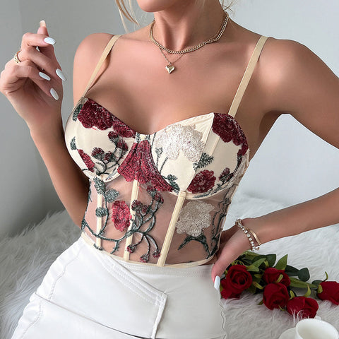 Top de corsé corto de malla transparente con bordado floral romántico - Albaricoque