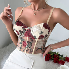 Romantic Floral Embroidered Sheer Mesh Cropped Corset Top - Apricot