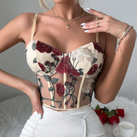 Top de corsé corto de malla transparente con bordado floral romántico - Albaricoque