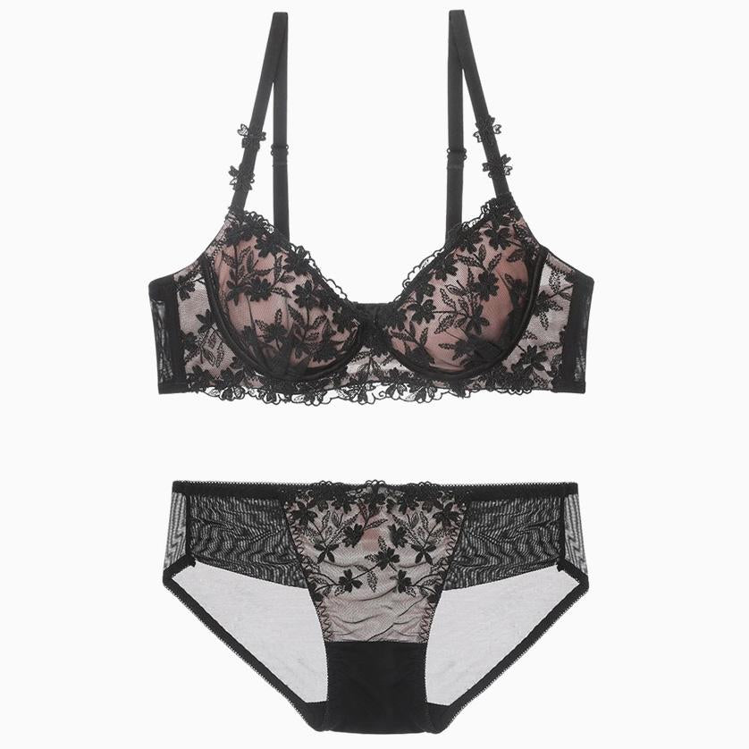 Romantic Intricate Floral Embroidered Underwired Lace Bra Set - Black