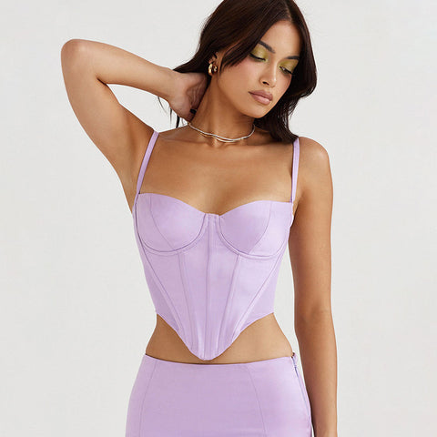 Romantic Push Up Curvy Satin Cropped Corset Top - Lilac