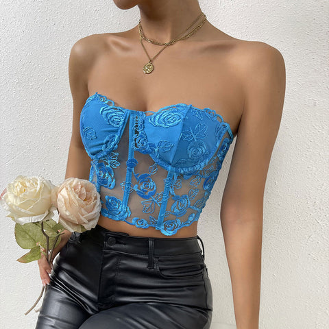 Tulle Crop Corset Tube Top - Blue