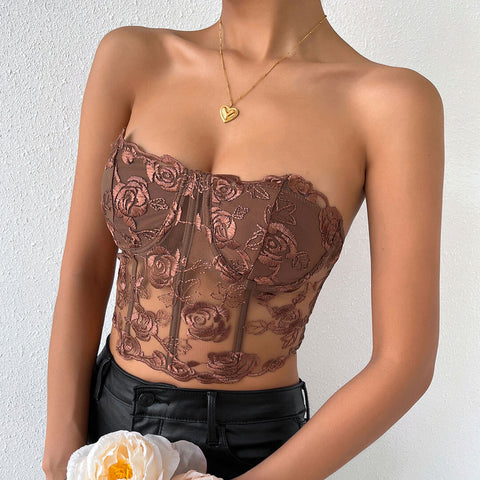 Tulle Crop Corset Tube Top - Brown