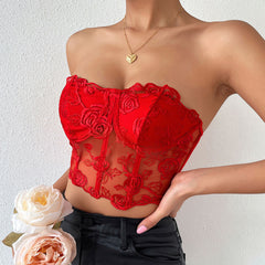 Tulle Crop Corset Tube Top - Red